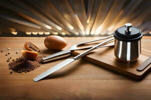 a knife, pepper grinder and other utensils on a cutting board. AI-Generated photo