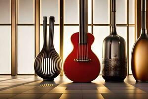 a group of musical instruments are lined up against a wall. AI-Generated photo