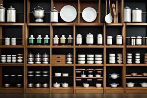 a kitchen with many different types of dishes and utensils. AI-Generated photo