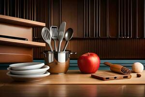 a kitchen counter with a wooden table and some dishes. AI-Generated photo