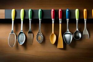 a group of colorful utensils are hanging on a shelf. AI-Generated photo