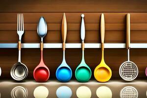 colorful spoons and forks on a shelf. AI-Generated photo