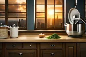 a kitchen with a view of the city at sunset. AI-Generated photo