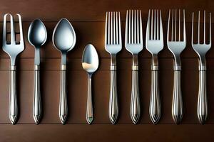 a set of silverware on a wooden table. AI-Generated photo