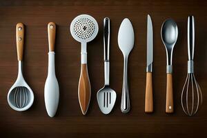 a collection of kitchen utensils on a wooden surface. AI-Generated photo