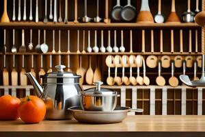 kitchen utensils on a wooden shelf. AI-Generated photo