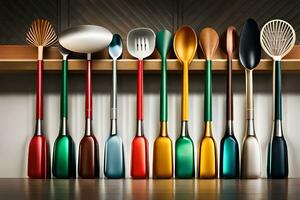 a row of colorful utensils on a shelf. AI-Generated photo