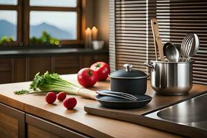 kitchen utensils and vegetables on a counter. AI-Generated photo