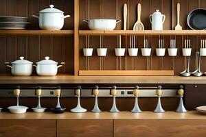 a kitchen with many pots and pans on shelves. AI-Generated photo