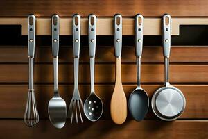 a group of utensils hanging on a wall. AI-Generated photo