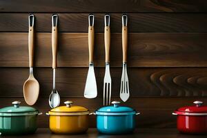 kitchen utensils on wooden background. AI-Generated photo