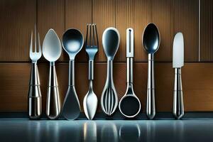 a group of silverware in front of a wooden wall. AI-Generated photo