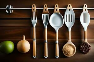 kitchen utensils on wooden background. AI-Generated photo