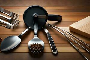 a variety of utensils are arranged on a wooden table. AI-Generated photo