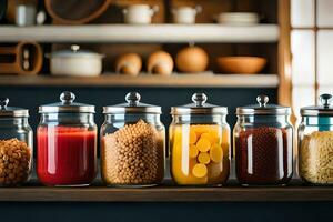 un fila de frascos con diferente tipos de alimento. generado por ai foto