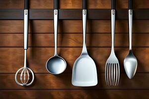 kitchen utensils on wooden background 3d illustration. AI-Generated photo