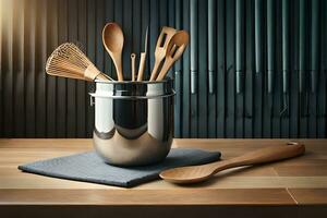 a wooden utensil is sitting on a table with a metal pot. AI-Generated photo