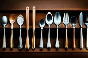 a collection of silver and gold utensils sit on a shelf. AI-Generated photo