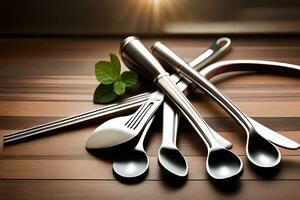 a group of silverware on a wooden table. AI-Generated photo