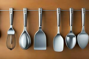 a group of utensils hanging on a wall. AI-Generated photo