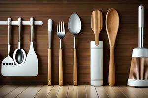 un colección de cocina utensilios en un de madera superficie. generado por ai foto