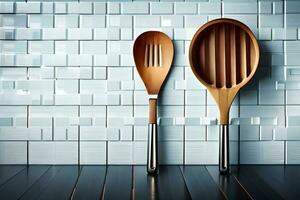 two wooden spoons and a wooden spatula against a white wall. AI-Generated photo