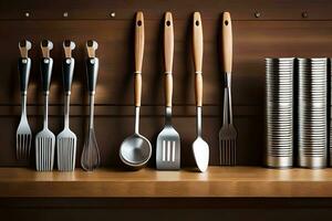 kitchen utensils on wooden shelf. AI-Generated photo