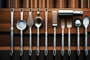 a collection of silverware on a wooden shelf. AI-Generated photo