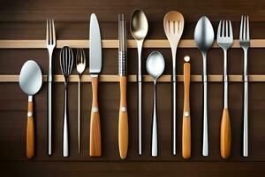 a collection of silverware and spoons on a wooden table. AI-Generated photo