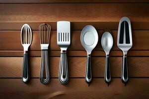 kitchen utensils on wooden background. AI-Generated photo