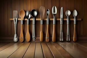 a row of utensils on a wooden shelf. AI-Generated photo