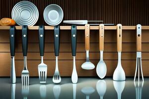 a row of utensils on a shelf. AI-Generated photo