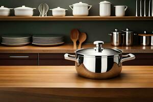 a stainless steel pot on a wooden counter. AI-Generated photo