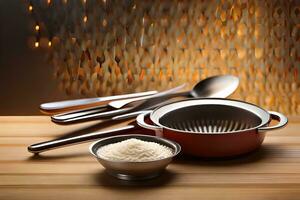 a pan with rice and a spoon on a table. AI-Generated photo