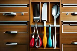 a drawer with utensils and a knife in it. AI-Generated photo