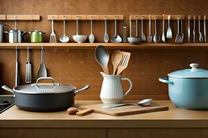 a kitchen with utensils and pots on a shelf. AI-Generated photo