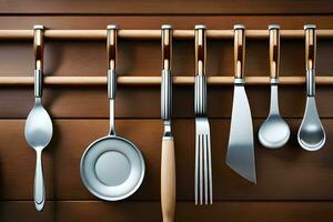 kitchen utensils hanging on a wooden rack. AI-Generated photo