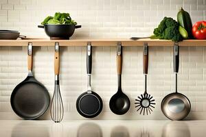 a shelf with several pots and pans hanging on it. AI-Generated photo