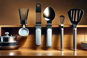 a shelf with several utensils on it. AI-Generated photo