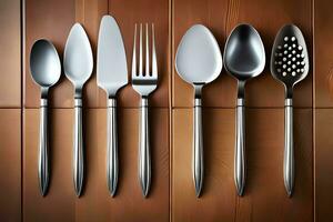 silverware set on wooden background. AI-Generated photo