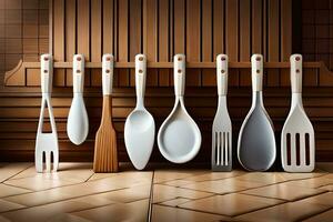a group of kitchen utensils are lined up on a shelf. AI-Generated photo