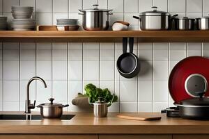 a kitchen with pots and pans on shelves. AI-Generated photo