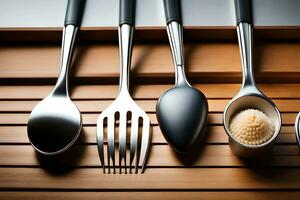 five spoons and forks sit on a wooden surface. AI-Generated photo