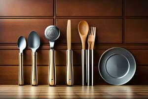 a set of utensils on a wooden table. AI-Generated photo