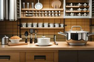 kitchen with pots and pans on counter. AI-Generated photo