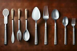 a collection of silverware on a wooden surface. AI-Generated photo