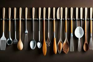 a group of different utensils are arranged in a row. AI-Generated photo