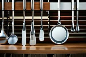 a collection of utensils on a shelf. AI-Generated photo