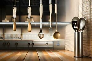 a kitchen with utensils hanging from the ceiling. AI-Generated photo