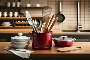 a kitchen counter with utensils and a red pot. AI-Generated photo